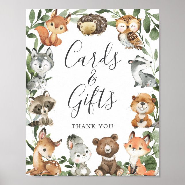 Woodland Animals Baby Shower Cards and Gifts Sign (Front)
