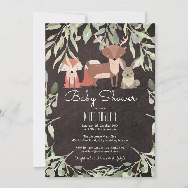Woodland Animals Baby Shower Chalkboard Invitation (Front)