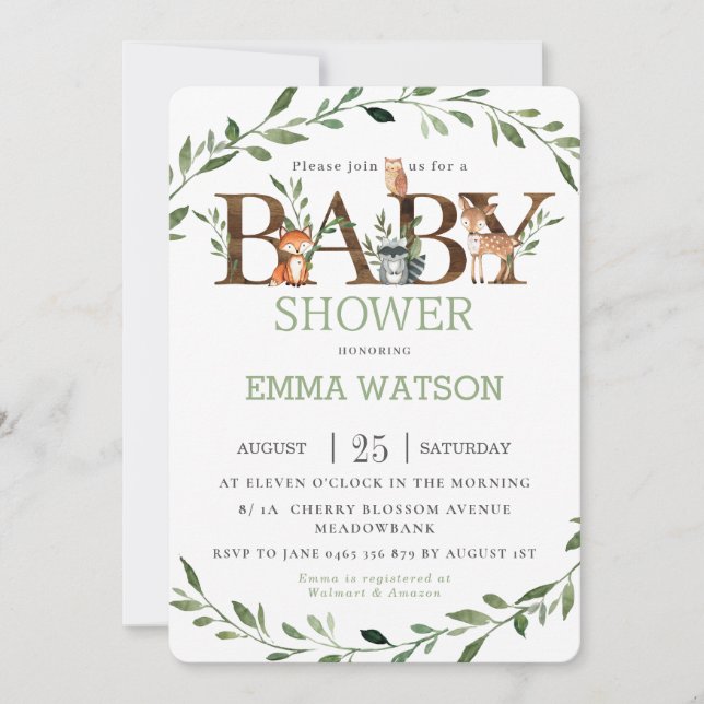 Woodland Animals Baby Shower Chic Greenery Neutral Invitation (Front)