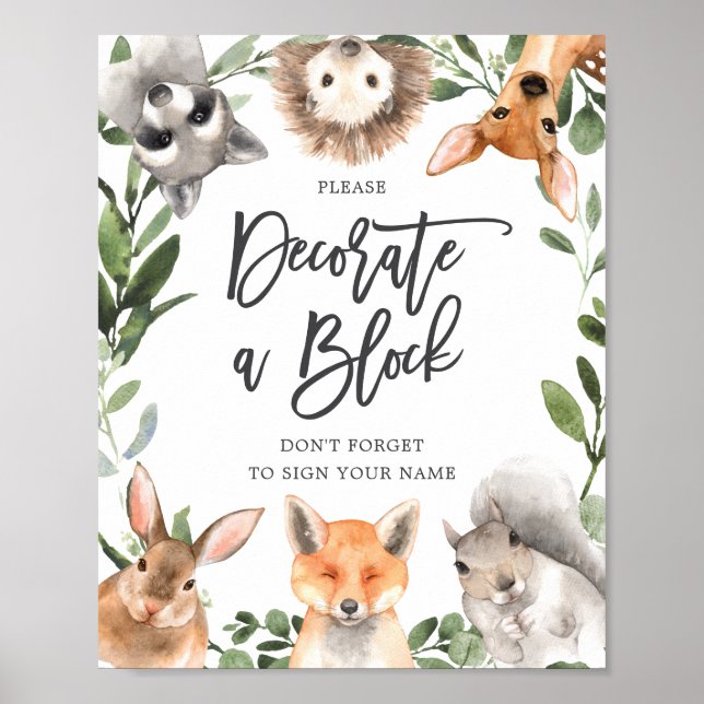 Woodland Animals Baby Shower Decorate A Block Sign (Front)