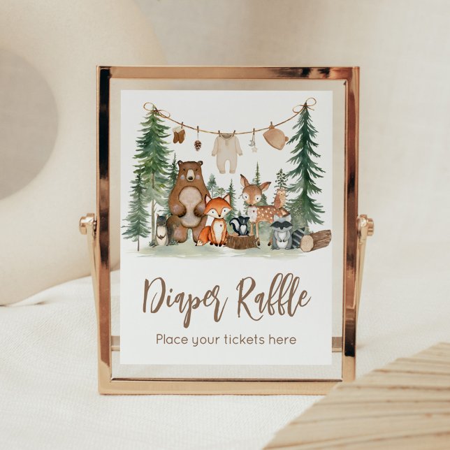 Woodland Animals Baby Shower Diaper Raffle Sign (Woodland Animals Adventure Awaits Rustic Baby Shower Sign)