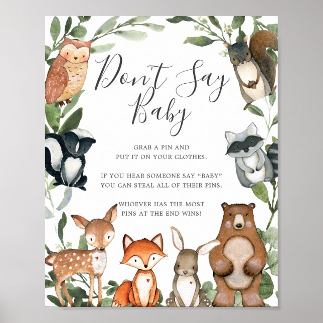 Woodland Animals Baby Shower Don't Say Baby Sign (Front)