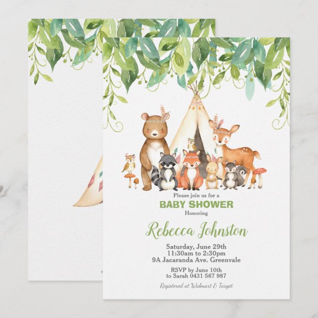 Woodland Animals Baby Shower Forest Greenery Boy Invitation (Front/Back)