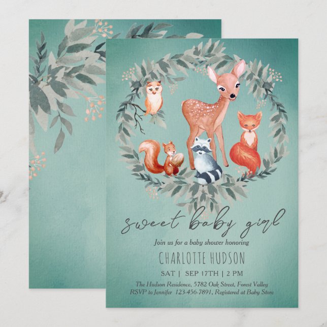 Woodland Animals Baby Shower Girl Invitation (Front/Back)