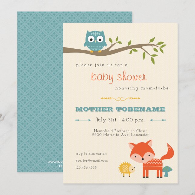 Woodland Animals Baby Shower Invitation - owl, fox (Front/Back)