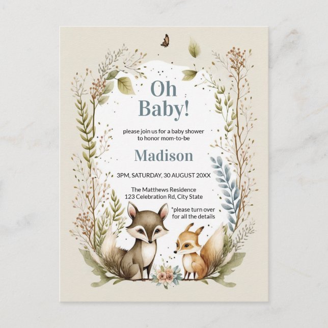 Woodland Animals Baby Shower Invite Boy Postcard (Front)