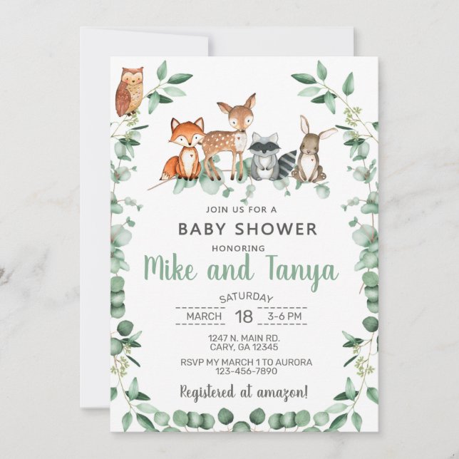 Woodland animals baby shower invite, eucalyptus. invitation (Front)