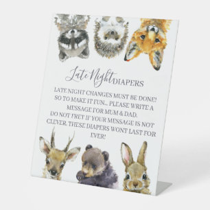 Woodland Animals Baby Shower Late Night Diapers Pedestal Sign