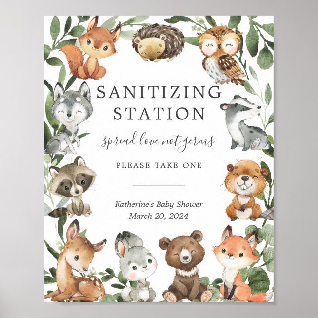 Woodland Animals Baby Shower Sanitizing Station Poster (Front)