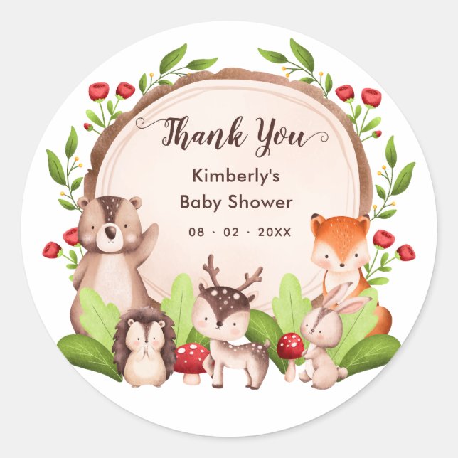 Woodland Animals Baby Shower Thank You Favour Classic Round Sticker (Front)