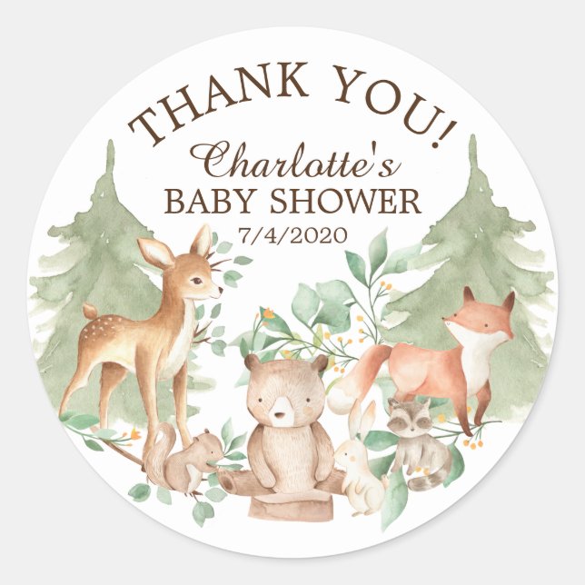 Woodland Animals Baby Shower Thank You Favour Classic Round Sticker (Front)