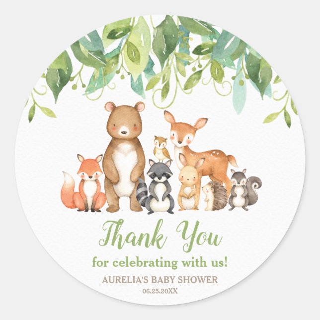 Woodland Animals Baby Shower Thank You Favours Classic Round Sticker (Front)