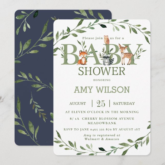 Woodland Animals Baby Shower Whimsical Greenery Invitation (Front/Back)