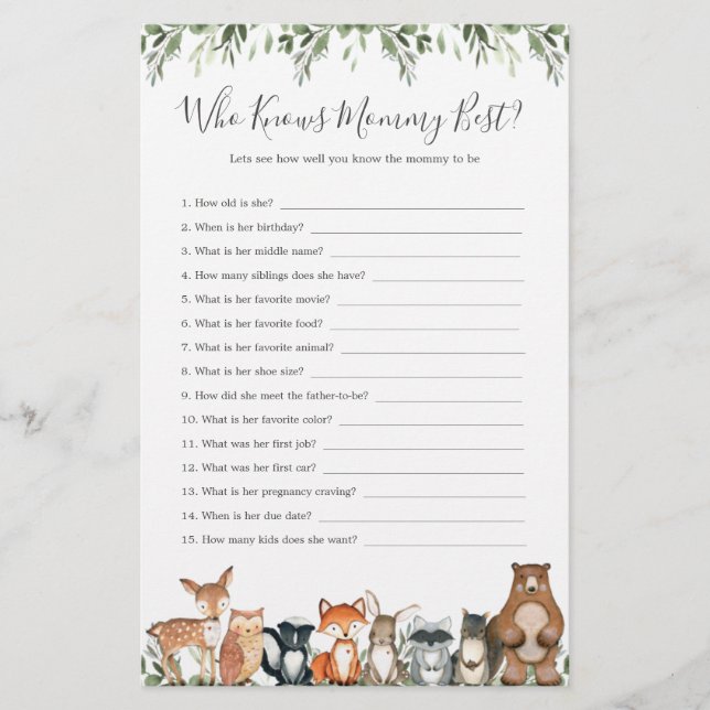 Woodland Animals Baby Shower Who Knows Mommy Best (Front)