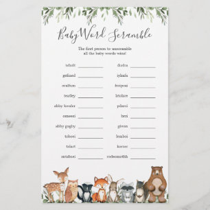 Woodland Animals Baby Shower Word Scramble Game