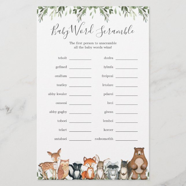 Woodland Animals Baby Shower Word Scramble Game (Front)