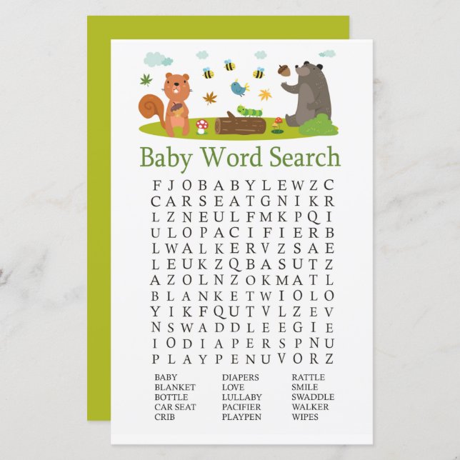 Woodland animals Baby Shower Word Search Game (Front/Back)