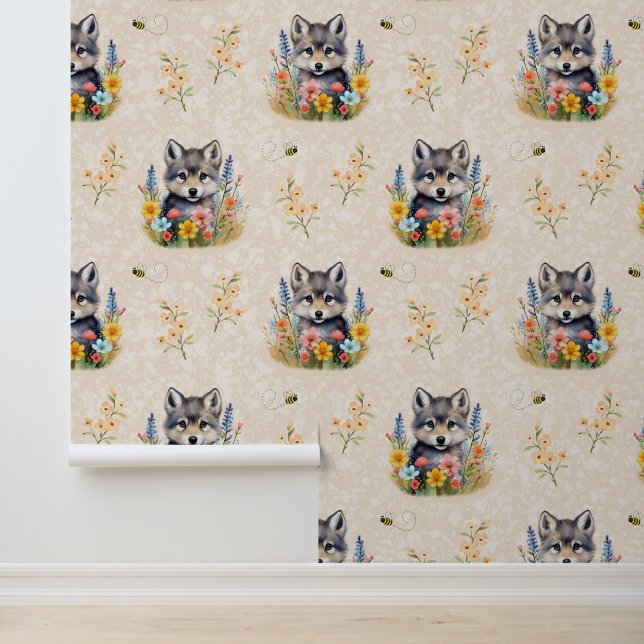 Woodland Animals Baby Wolf Cub Floral Cream Wallpaper (Application)