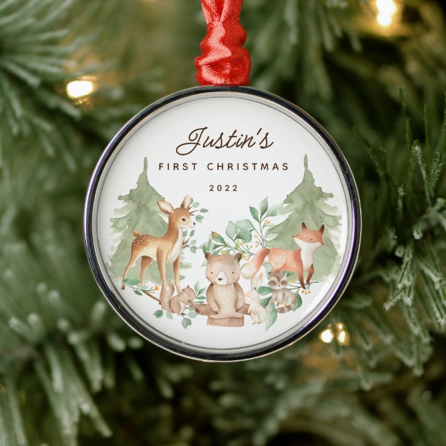 Woodland Animals Baby's First Christmas Metal Ornament (Tree)