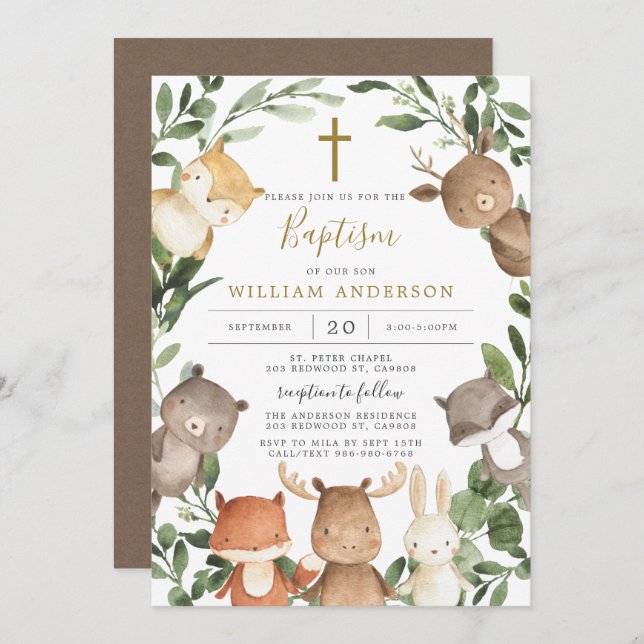 Woodland Animals Baptism/Christening Invitation (Front/Back)