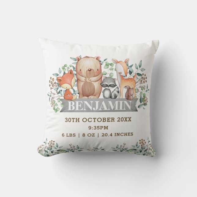 Woodland Animals Birth Stats Botanical Nursery Throw Pillow (Front)