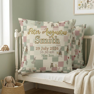 Woodland Animals Birth Stats Keepsake Patchwork Throw Pillow