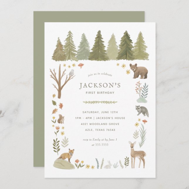 Woodland Animals Birthday Party Invitation (Front/Back)