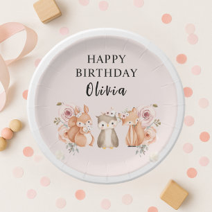 Woodland Animals Birthday Pink  Paper Plate