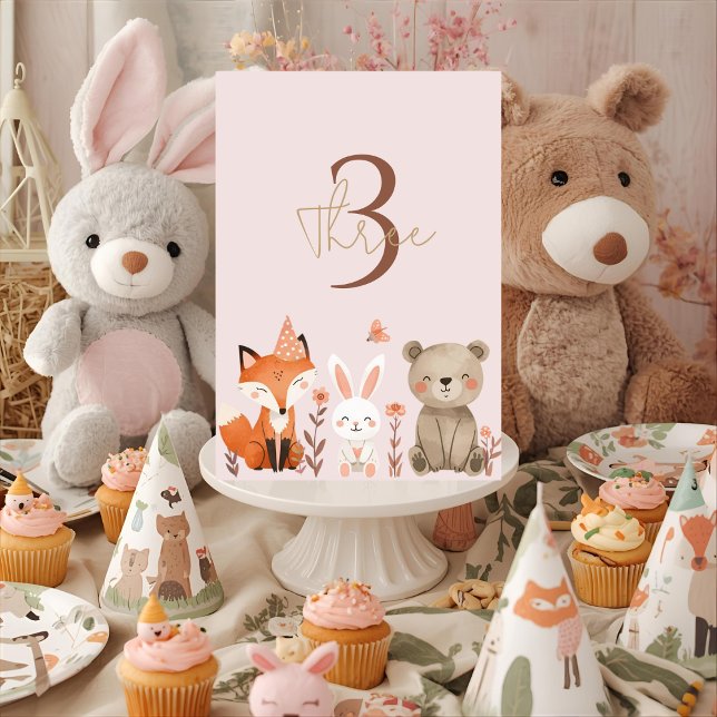 Woodland Animals Birthday Pink Rustic Table Number (Creator Uploaded)