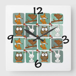 Woodland Animals Block Pattern Square Wall Clock
