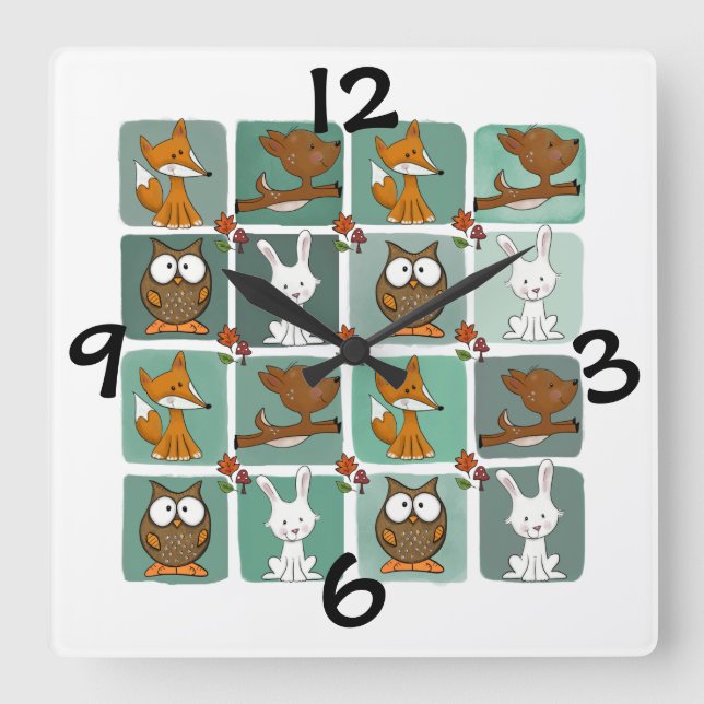 Woodland Animals Block Pattern Square Wall Clock (Front)