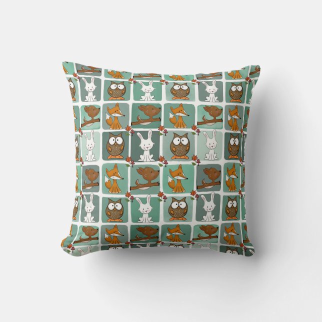 Woodland Animals Block Pattern Throw Pillow (Front)