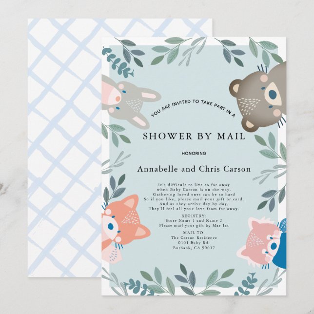 Woodland Animals Blue Boy Baby Shower by Mail Invitation (Front/Back)
