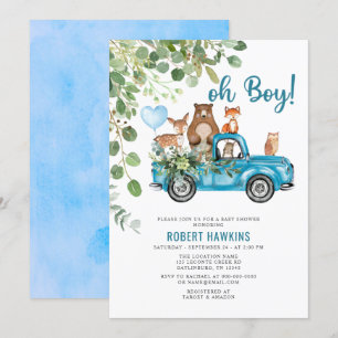 Woodland Animals Blue Truck Baby Shower Invitation