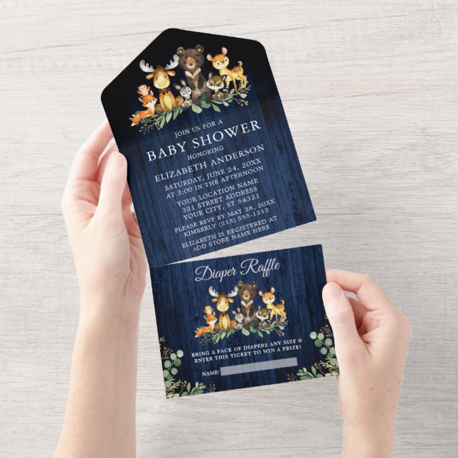 Woodland Animals Blue Wood Baby Shower and Raffle  All In One Invitation (Tearaway)