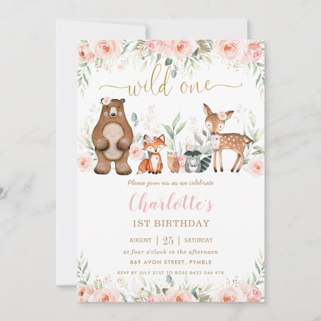 Woodland Animals Blush Floral 1st Birthday One  Invitation (Front)