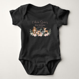 Woodland Animals Blush Floral 1st Birthday Outfit  Baby Bodysuit