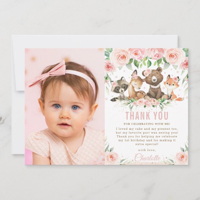 Woodland Animals Blush Floral 1st Birthday Photo  Thank You Card (Front)