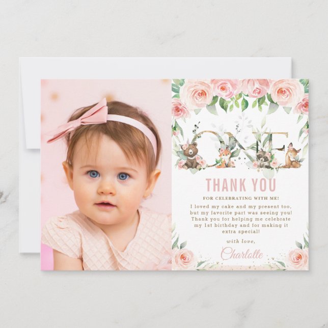 Woodland Animals Blush Floral 1st Birthday Photo   Thank You Card (Front)