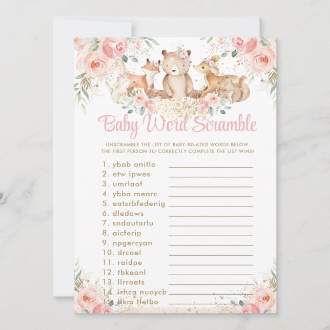 Woodland Animals Blush Floral Baby Word Scramble Invitation (Front)