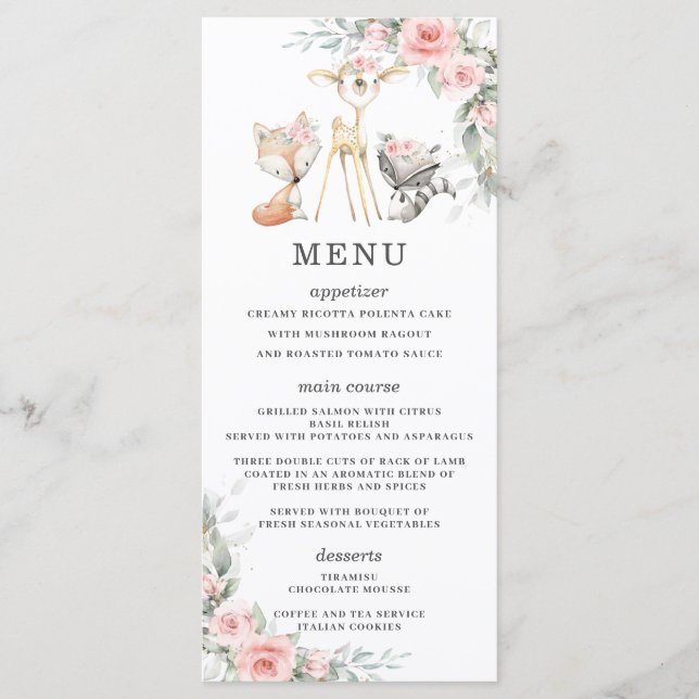 Woodland Animals Blush Floral Greenery Shower Menu (Front)