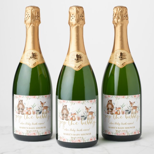 Woodland Animals Blush Floral Pop the Bubbly  Sparkling Wine Label (Bottles)