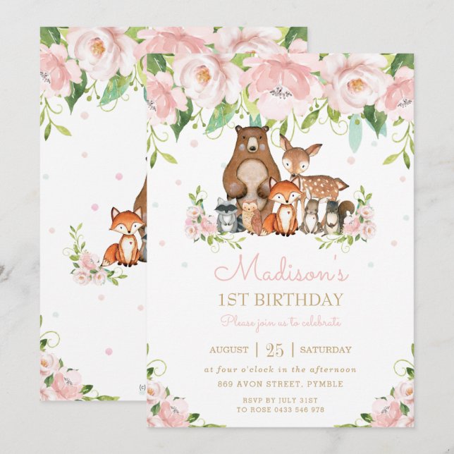 Woodland Animals Blush Pink Floral 1st Birthday Invitation (Front/Back)