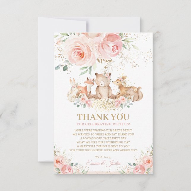 Woodland Animals Blush Pink Floral Baby Shower  Thank You Card (Front)