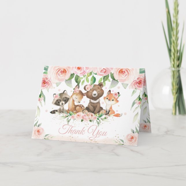 Woodland Animals Blush Pink Floral Baby Shower  Thank You Card (Front)