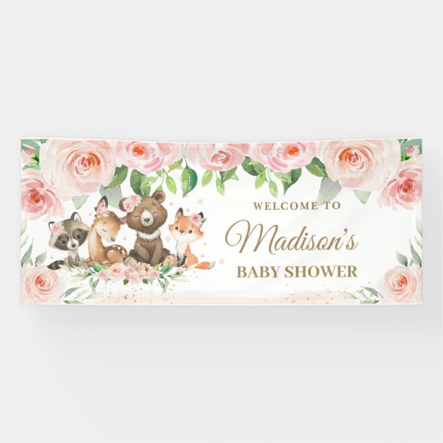 Woodland Animals Blush Pink Floral Backdrop Banner (Horizontal)
