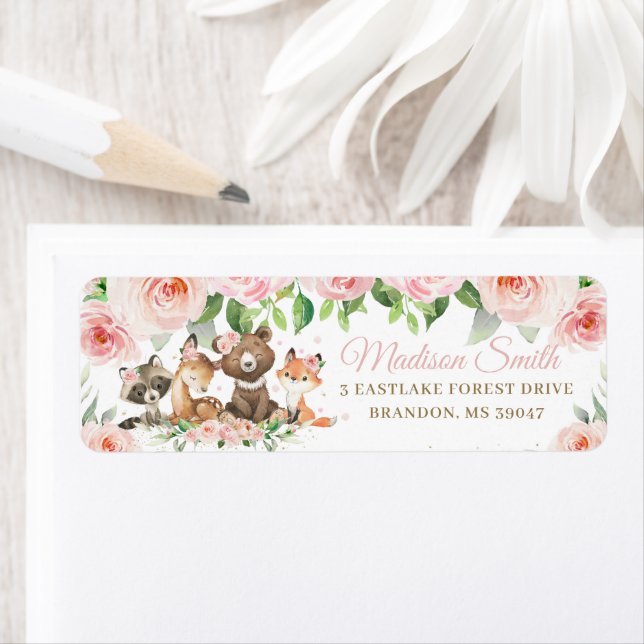 Woodland Animals Blush Pink Floral Return Address  (Insitu)