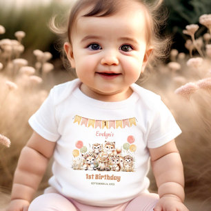 Woodland Animals Boho Name Girl 1st Birthday  Baby Bodysuit