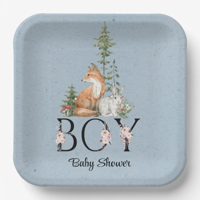Woodland Animals Boy Baby Shower Paper Plate (Front)