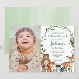 Woodland animals boy girl first 1st birthday photo invitation